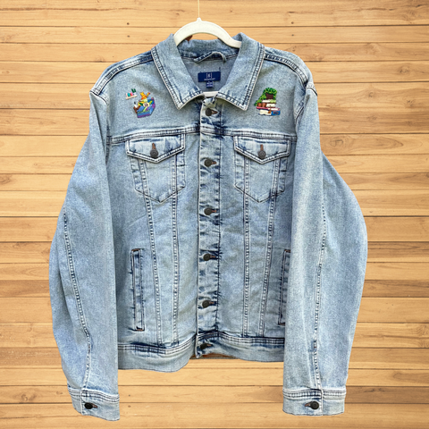 "Book Lover" Hand-Embroidered, Hand Painted Denim Jacket